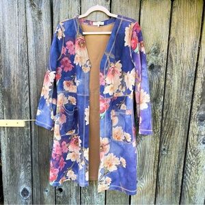 Anthropologie Solitaire Faux Suede Blue Floral Open Front Cardigan Jacket - L